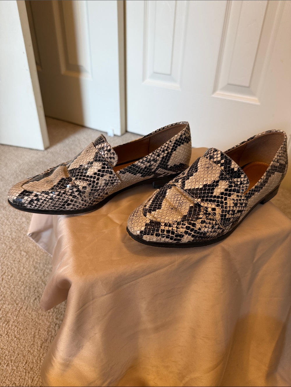 Women’s Snake-Print Slip-On Loafers in Black and Cream